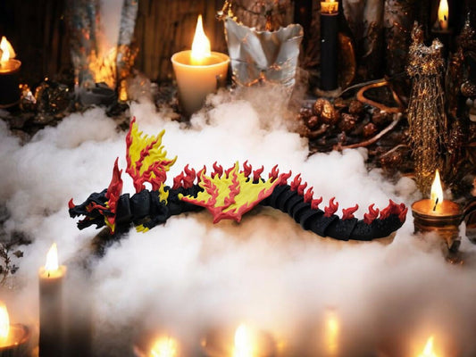 Articulated Fire Dragon, 3D Printed, Black Glitter Body with Red and Yellow Flame Accents Fantasy Decor and Collectible, Unique Dragon Art