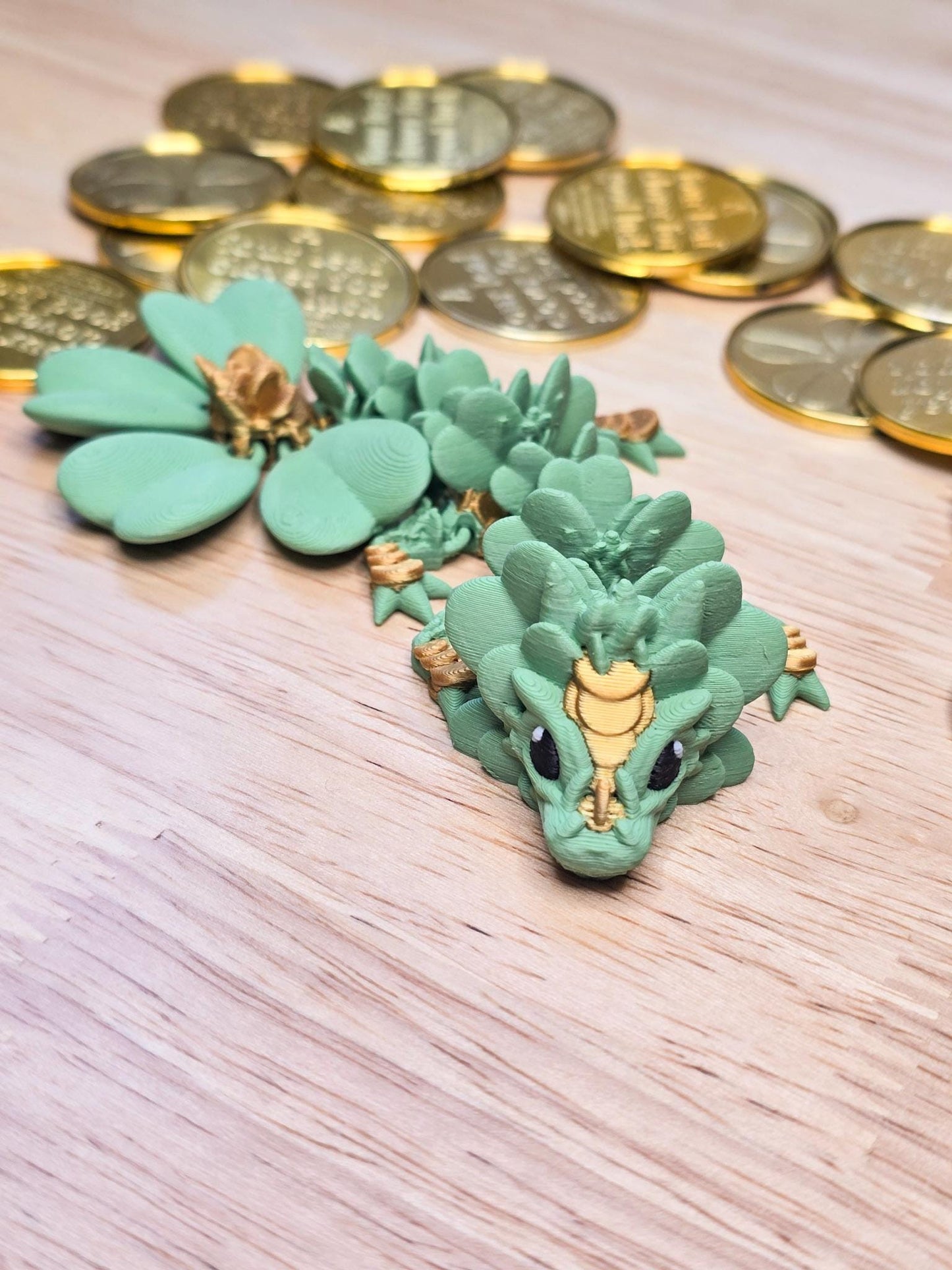 3D Printed Four Leaf Clover Dragon, Green & Gold St. Patrick's Day Decor, Articulated Poseable Dragon, Lucky Irish Dragon for St. Patty's